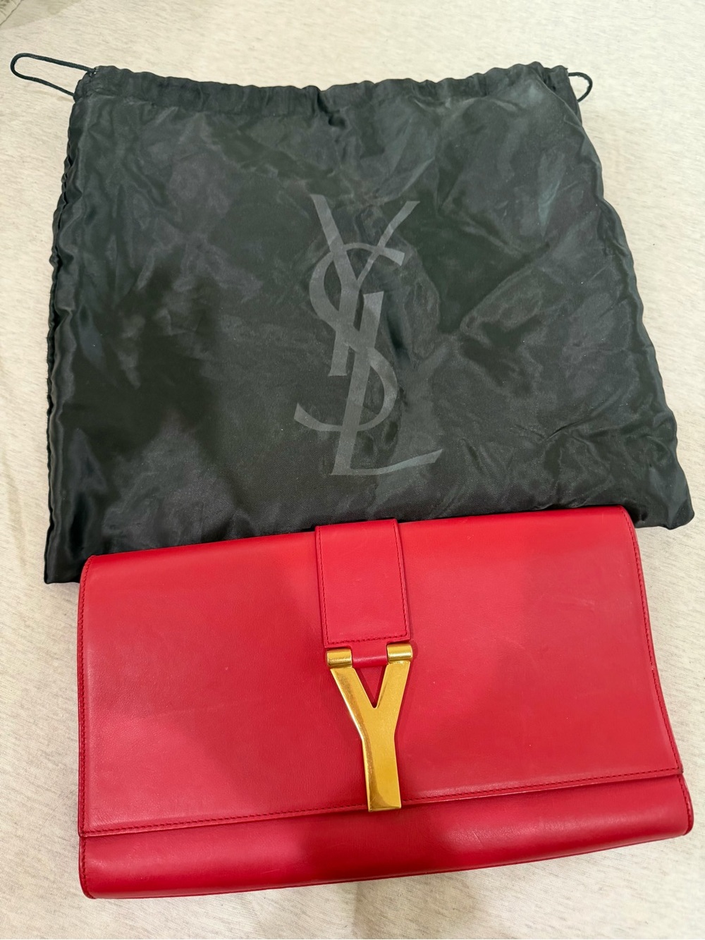 Saint Laurent Red Leather & Suede Envelope Clutch with Gold Hardware